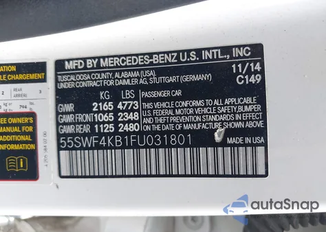 2015 Mercedes-Benz C 300 4Matic/Luxury 4Matic/Sport 4Matic z USA, uszkodzony, nr VIN 55SWF4KB1FU031801